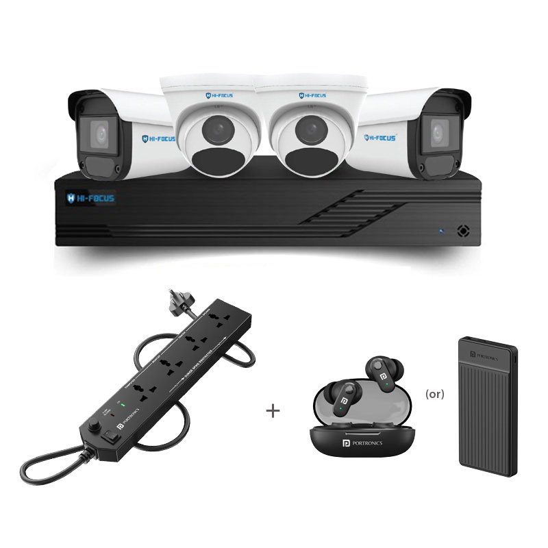 Picture of Hi-Focus 4 CCTV Cameras Combo (2 Indoor & 2 Outdoor CCTV Cameras) 👨🏻‍🔧 With CCTV Installation + 4CH DVR + HDD + Accessories + Power Supply + 90m Cable + Portronics Power Plate 10 + Portronics 10000 mAh Power Bank (or) Portronics Harmonics Twins S16 Earbuds